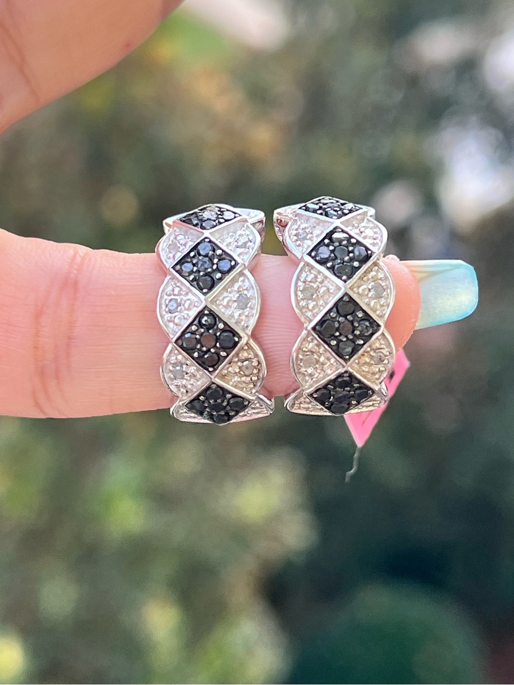 Sterling Silver Black and White Natural Diamond Pavé Half Hoop Earrings - Picture 6 of 8